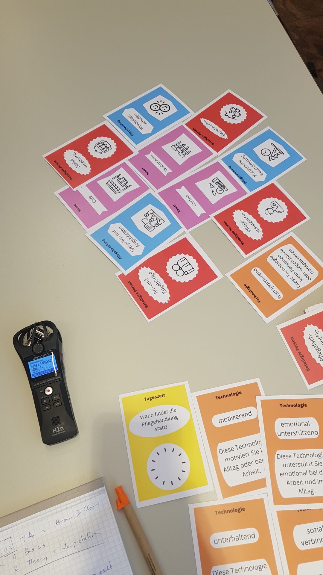 Picture taken during card workshops, with audio recorder and cards on care actions on the table